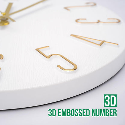 bakbrand Wall Clock 12 Inch Silent Non-Ticking Imitation Wood Indoor Clock Round White Decor Clock Modern 3D Figures Quartz Wall Clocks for Home, Hotel, Office, School, Bedroom, Living Room, Kitchen