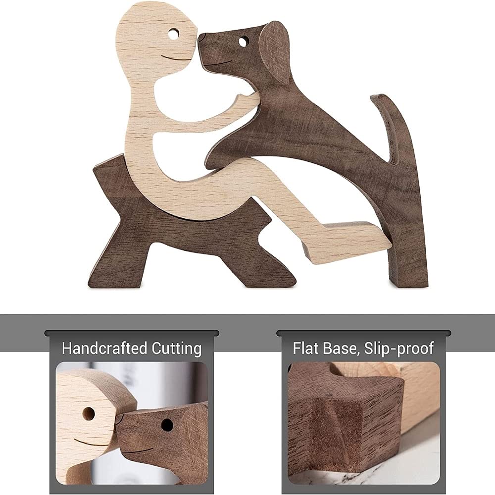 FHTDW Unique Gift Hand Carved Wooden Man and Dog Statue, Wood Human Dog Figurine Sculpture Home Office Décor, Remember Friendship Between Dog and People (Relaxing Man and Dog)