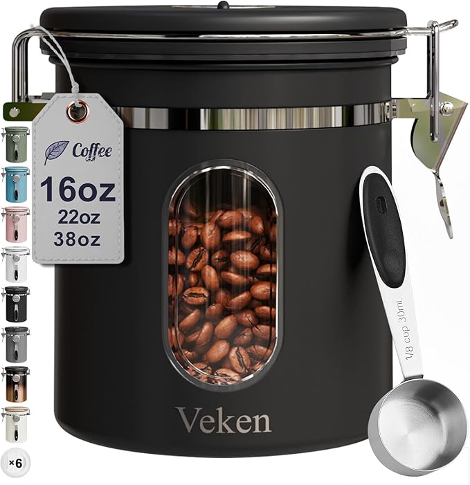 Veken Coffee Canister with Window, Airtight Stainless Steel Kitchen Food