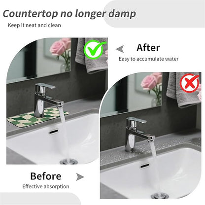 Kitchen Sink Splash Guard，Green-and cream checkered Faucet Mat Sink