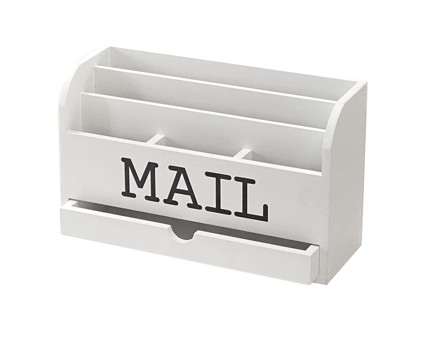 Cregugua White Desk Organizer Wooden Mail Storage box for tabletop office home,5 compartments with Drawer (4x11.8x7 in)