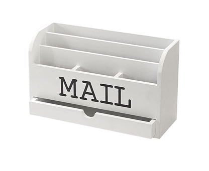 Cregugua White Desk Organizer Wooden Mail Storage box for tabletop office home,5 compartments with Drawer (4x11.8x7 in)