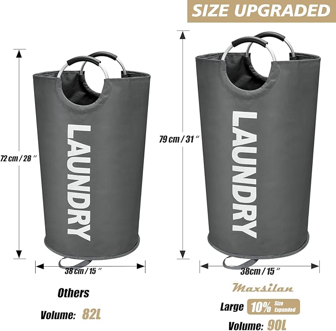 90L Large Laundry Basket, Freestanding Tall Clothes Hamper, Collapsible Laundry