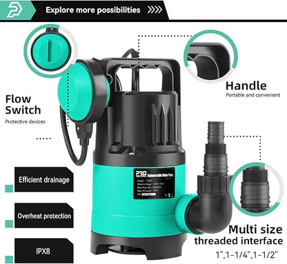Sump Pump 2000GPH, Prostormer 1/2 HP Submersible Water Pump with Automatic Float Switch, Portable Utility Pump for Pool, Garden, Pond, Basement, Flood Drainage