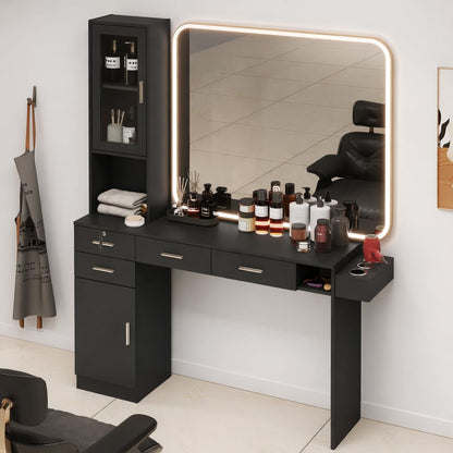 HolaiNail Salon Station for Hair Styling, Wall Mount Barber Salon Cabinet with 3 Hair Dryer Holders, Drawers & Shelves, Beauty Spa Storage Equipment Salon Furniture Without Mirror, Black