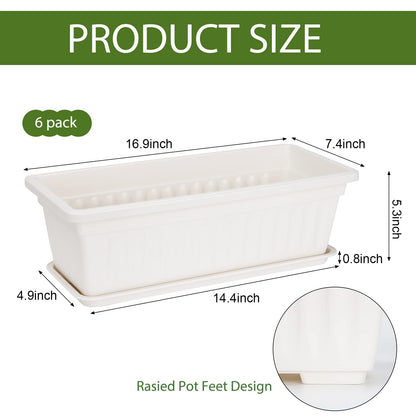 HOXHA 6 Pack Window Box Planter, 17 Inches Vegetable Flower Plastic Planter Boxes with Tray, Rectangular Planter Indoor and Outdoor Flower Pots for Windowsill, Patio, Porch, Garden Balcony, White