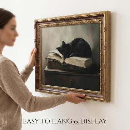 Framed Vintage Black Cat Wall Art Canvas Print Retro Animal Painting Picture Moody Rustic Farmhouse Artwork for Living Room Bedroom Office, Ready to Hang 8x10 Inches