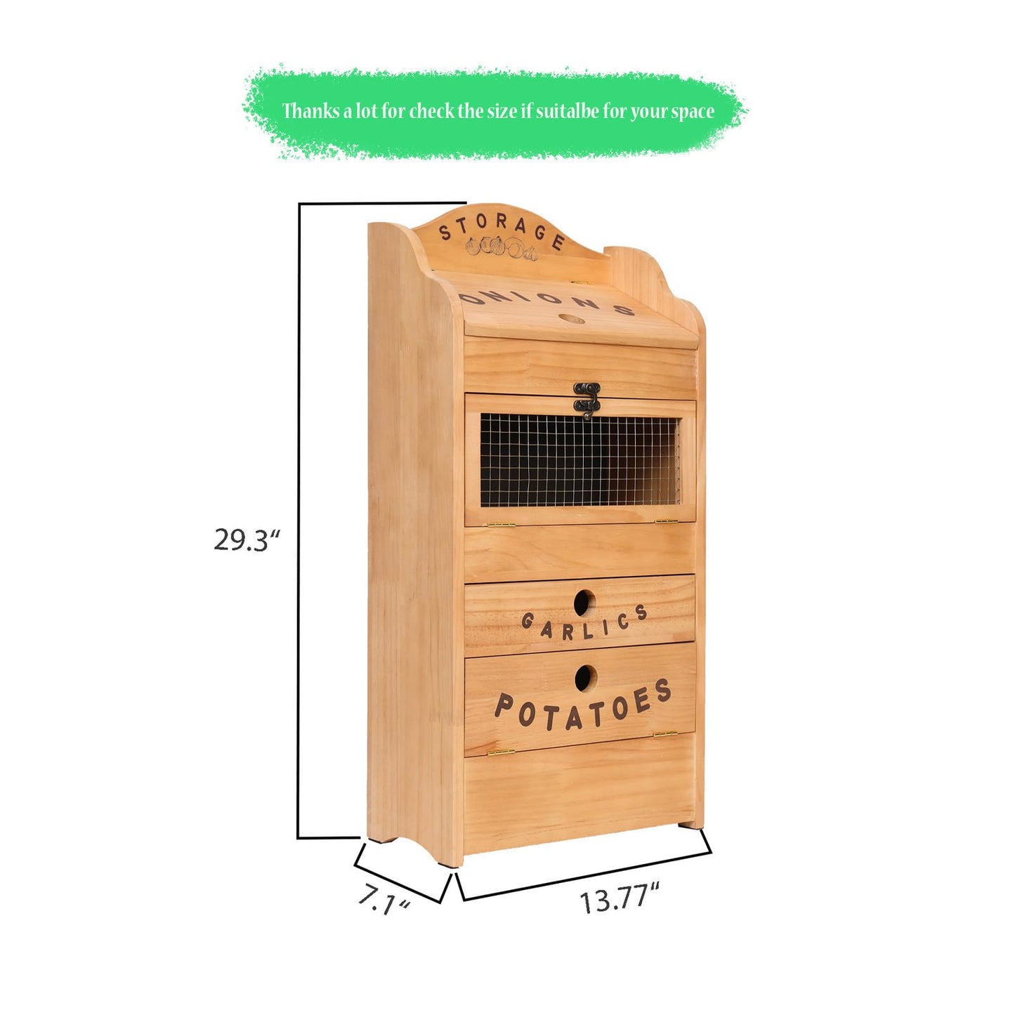 Potato Bin Veggie Organizer Rustic Pine Wood Potato, Onion & Garlic Storage Bin | Kitchen Organizer | Solid Wood Veggie Box | Compact Kitchen Box (13.77" L x 7.1" W x 29.3" H)