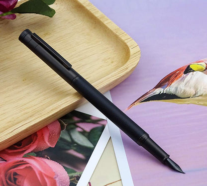Brushed Black Forest Fude Pen, Bent Nib Calligraphy Fountain Pen (Fine to Broad) with Converter and Metal Box Set by Asvine