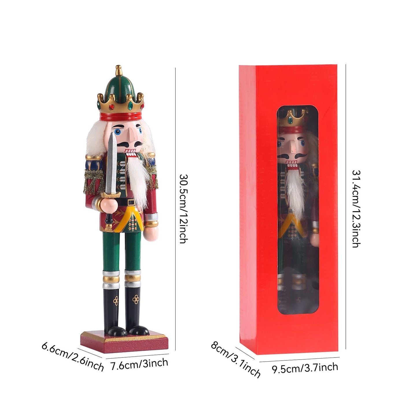 KoolShare 12-Inch Christmas Nutcracker Figurines, Set of 2 Traditional Wooden King & Soldier with Sword & Spear, Handcrafted Standing Holiday Decorations for Fireplace, Shelf, or Tabletop Display