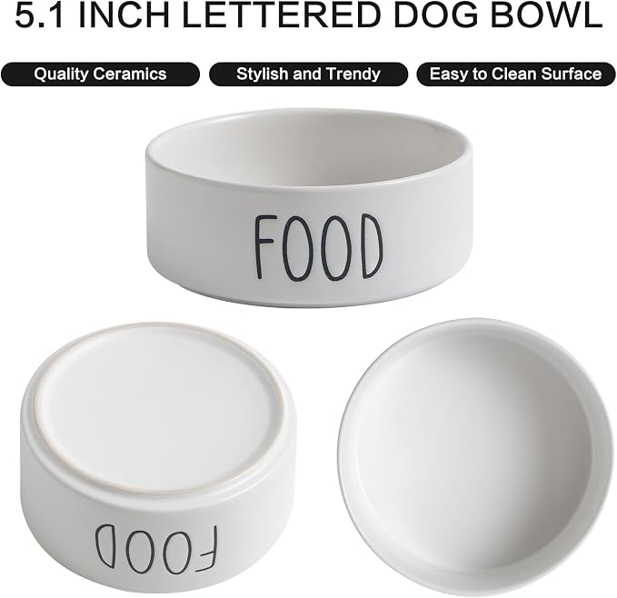 Elevated Ceramic Dog Bowls Set - Food & Water Lettering Raised Dog Bowl with Non-Slip Bamboo Stand for Cats and Small Dogs, Weighted Dogs Dishes Pet Bowls (5.1 inch, 2 * 16oz, White)