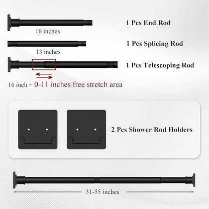 UIOSANRT Matte Black Shower Curtain Rod 31-55 inches with Holders, Stainless Steel Shower Rod & Tension Rod, Adjustable Tension Shower Curtain Rod for Bathroom, Windows, Closet