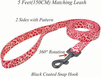 Dog Collar Leash Set, Leopard Pattern, Polyester Material, Adjustable Collar and 5ft Matching Leash, for Medium Dogs.(M, Pink Leopard)