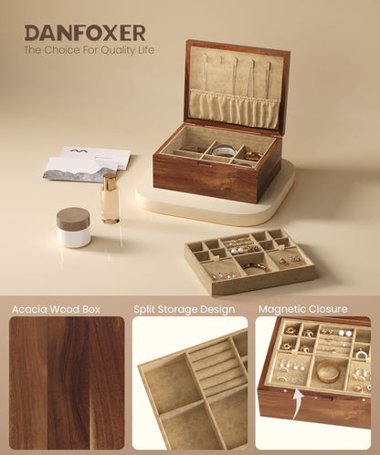 Danfoxer Acacia Wood Jewelry Box Organizers, Wooden Jewellery Organizer with Hinged Lids and Removable Jewelry Tray for Necklace Earring Rings and Bracelet