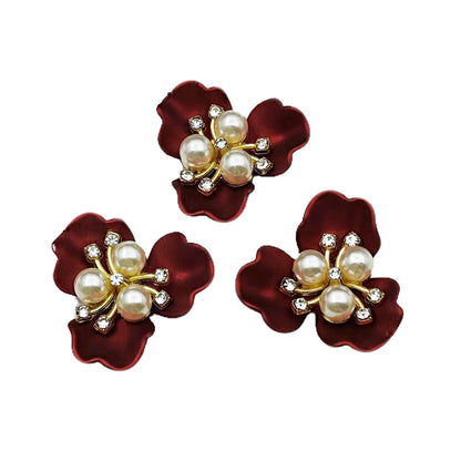 YOOGCORETT 10pcs Pearl Rhinestone Flat Back Embellishments Sew On Buttons Flower Buttons for DIY Craft, Bags Shoes Dress Decoration, 28 x 26mm, Red