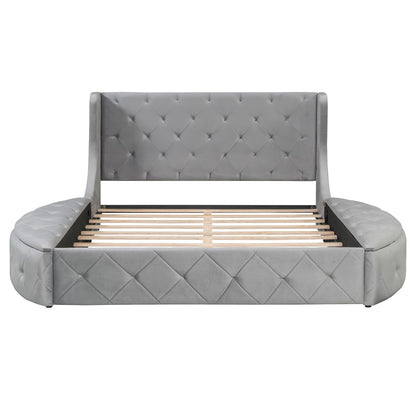 Merax Queen Size Velvet Upholstered Platform Bed with Wingback Headboard, 1 Big Drawer and 2 Side Storage Stool for Bedroom, Guest Room, Wooden Slats, No Box Spring