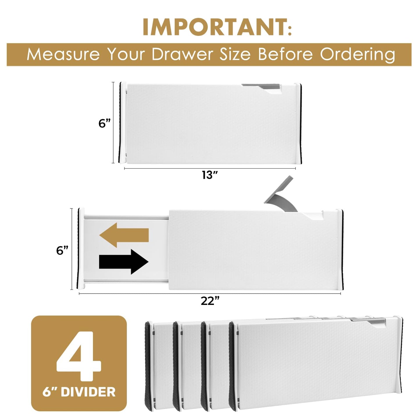 RAPTUROUS Adjustable Deep Drawer Divider – 5" Tall, Expandable 13-22", 10-Pack, Non-Slip Drawer Dividers for Clothes, Dresser, Kitchen & Office Organization (White)