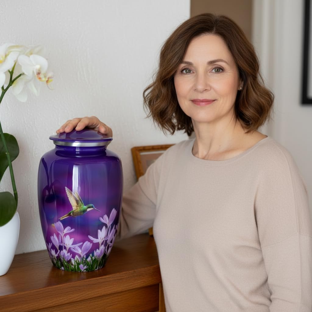 Olivia Memorials Urn for Ashes Women Men Adult | Hummingbird Urns for Female Male | Free Pendant Necklace | Human Funeral Decorative Purple Urna for Mom Dad Pet Dog