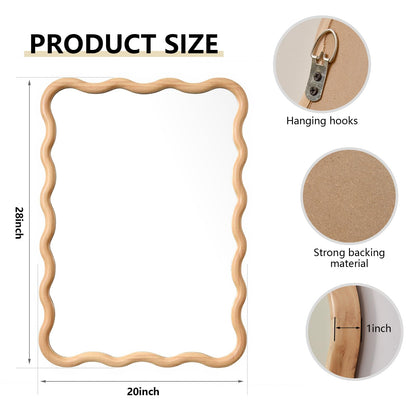 H HOMEWINS Natural Rectangular Mirror for Wall 20x28 Inch Wooden Wavy Bathroom Farmhouse Country Vanity Large Irregular Mirror for Nursery Entryway Living Room