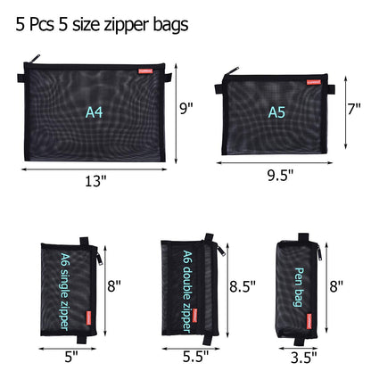 Pendancy Mesh Zipper Pouch 5pcs Lightweight Nylon File Folders Document Organizer Cosmetic Bags Accessories Storage for Travel and Office Supplies (Black, A4 A5 A6)