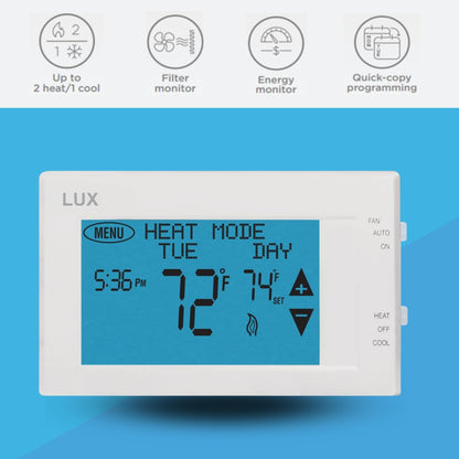 Lux Products TX9600TS Programmable Large Touchscreen Heating Cooling Thermostat, White