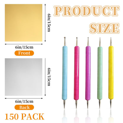 Aemygo 150 Pcs Aluminum Foil Sheets for DIY Crafts, 6 inch Heavy Duty Metal Embossing Sheet with Stylus Tools, Gold Square Tin Foil for DIY Painting and Embossing