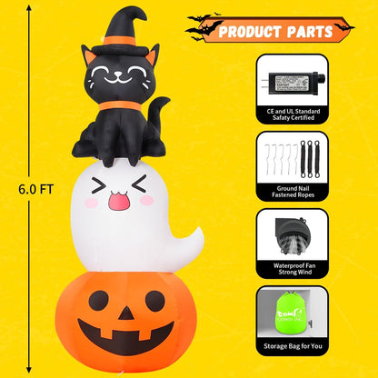 COMIN 6 FT Halloween Inflatables Pumpkin Ghost Cat Combo Outdoor Decorations Blow Up Yard with Built-in LEDs for Indoor Party Garden Lawn Decor