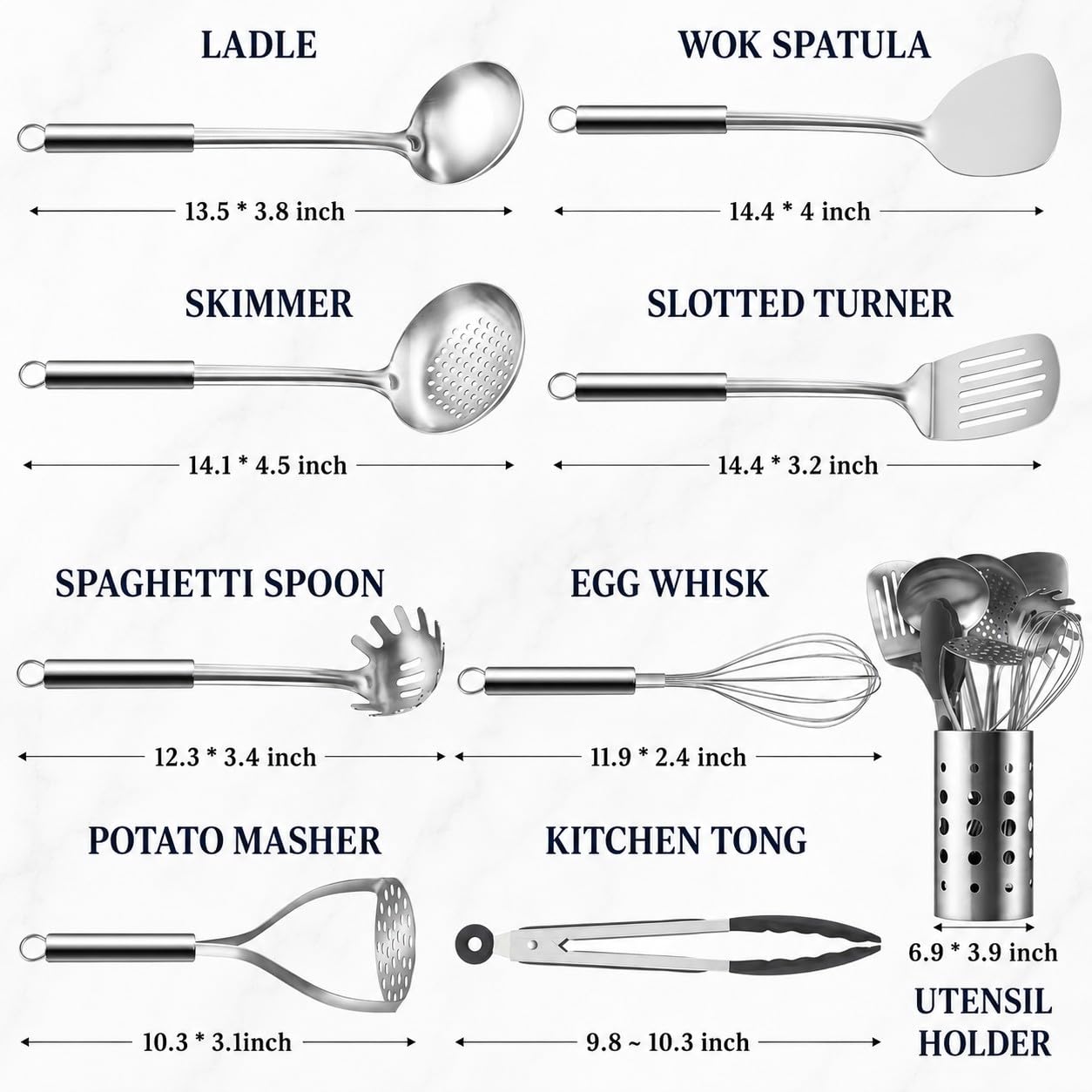 Pleafind Cooking Utensils Set - 9 PCS Stainless Steel Kitchen Utensils Set with Utensil Holder, Heat Resistant Wok Utensils Set, Kitchen Tools Set with Spatula, Ladle, Slotted Spoon, Dishwasher Safe