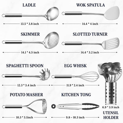 Pleafind Cooking Utensils Set - 9 PCS Stainless Steel Kitchen Utensils Set with Utensil Holder, Heat Resistant Wok Utensils Set, Kitchen Tools Set with Spatula, Ladle, Slotted Spoon, Dishwasher Safe
