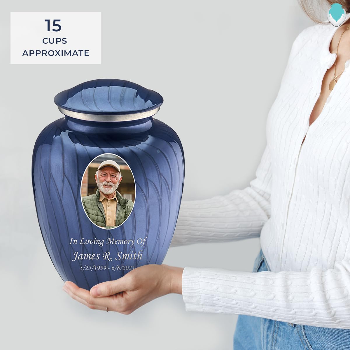 Geturns - Adult Custom Cremation Urns for Human Ashes I Large Pearl Cobalt Blue Photo Funeral Urn for Female and Male I 200 lbs