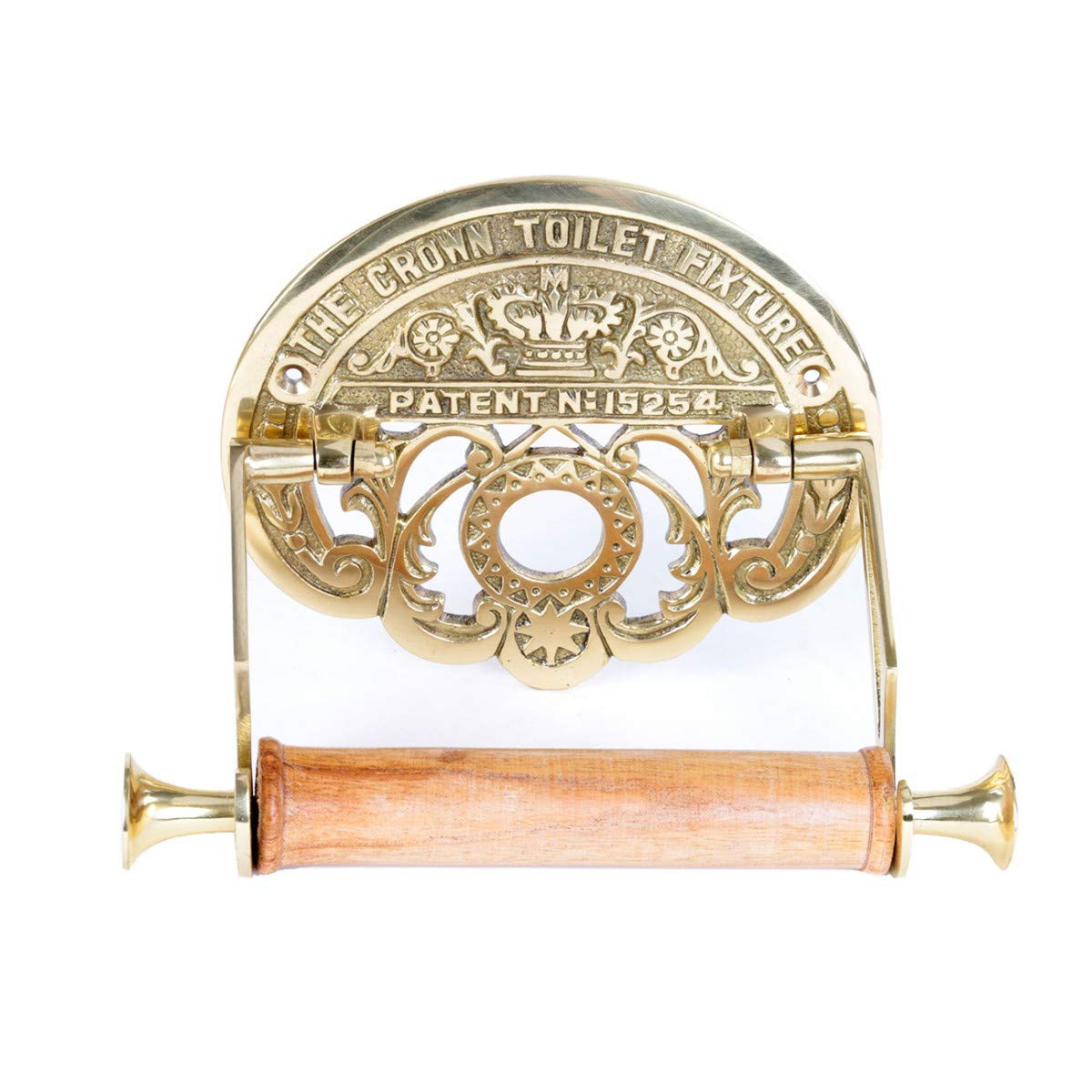 Bright Brass Wall Mount Toilet Paper Holder 7.25" Wide Vintage Crown Style Solid Brass Easy Install Toilet Tissue Paper Holders with Wooden Roll for Bathroom | Renovators Supply Manufacturing