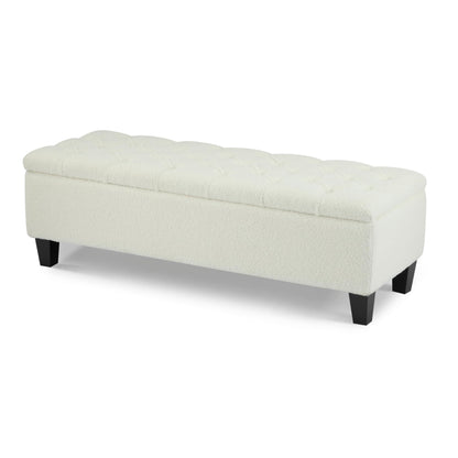 Christopher Knight Home Ottilie Boucle Fabric Storage Ottoman Bench, Wooden Rectangular Ottoman with Storage, Bedroom End of Bed Foot Stool, Entryway Ottoman Footrest, Living Room Extra Seat, White