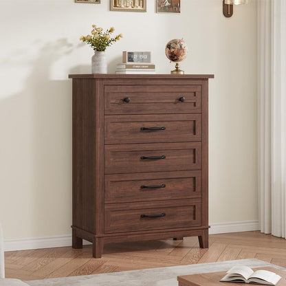 GarveeHome 5 Dresser for Bedroom, 41.3 in Tall Vertical Drawer Dresser with Large Storage, Freestanding Wooden Closet Chest for Bedroom, Living Room, Walnut