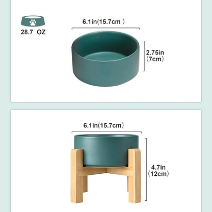 SPUNKYJUNKY Ceramic Elevated Dog Bowls 2 Pack - 6.1inch Raised Dog Bowls with Non-Slip Wooden Stand for Medium Dogs Dishwasher Safe(Green,28.7OZ*2)