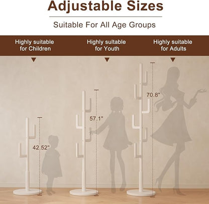 Muwuele Solid Wood Cactus Coat Rack, Freestanding Coat Rack With 6 L-Shaped Hooks and 3 Adjustable Sizes, Coat Tree for Bedroom, Entryway, Livingroom, Coat Hanger Stand for Coats, Handbags (White)