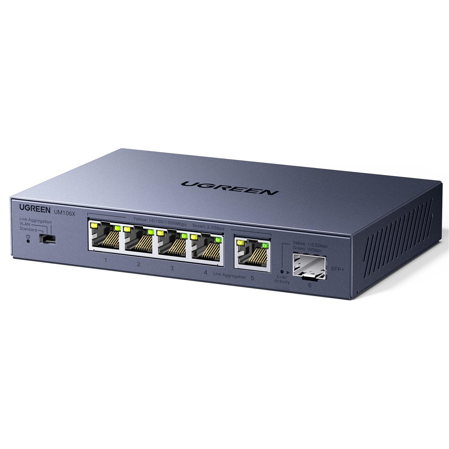 UGREEN 2.5Gb Switch, 6-Port Ethernet Switch, 5 x 2.5Gb + 1 x 10Gb SFP+, Standard/Link Aggregation to 5Gbps/VLAN 3 Modes, Plug & Play Metal Unmanaged Ethernet Splitter, Desktop/Wall Mount, for NAS, PC