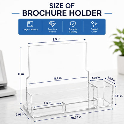 QREIHLPY Acrylic Brochure Holder 2 Pack, 8.5*11inch with Pen Holders & Business Card Slot, Clear Display Stand for Countertop, Suitable for Pamphle, Magazines, Menus, Trifold Booklets