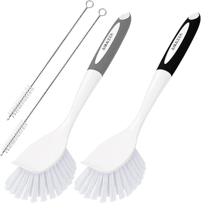 Amazer 4 Pack Dish Brush with Handle, Kitchen Scrub Brushes for Cleaning, Straw Cleaner Brushes for Water Bottle, Dish Scrubber with Stiff Bristles for Sink