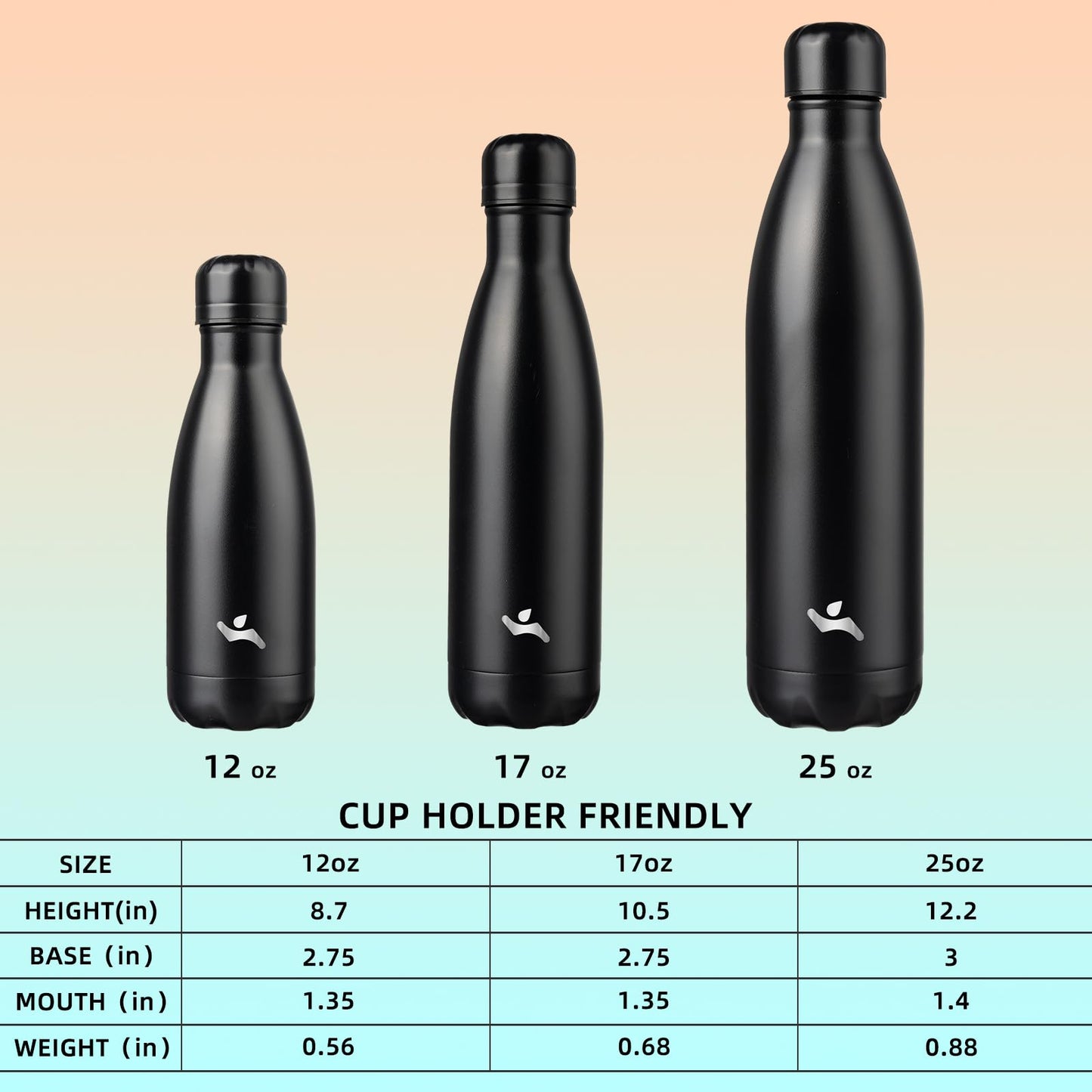 Konokyo Insulated Water Bottles,17 oz Double Wall Stainless Steel Vacumm Metal Flask for Sports Travel,Midnight Black