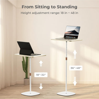 POLESTO Portable Laptop Floor Stand, Bedside/Sofa Table with Height Adjustable 18''~48'', Sleek Wooden Lectern Standing Desk Mobile Podium for Home, Office, School, White