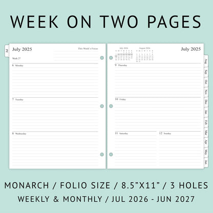 newestor 2026-2027 Weekly Planner Refills for 3-Ring Binder with Monthly Tabs, Jul 2026 - Jun 2027, 8-1/2" x 11", Folio Size 5 / Monarch
