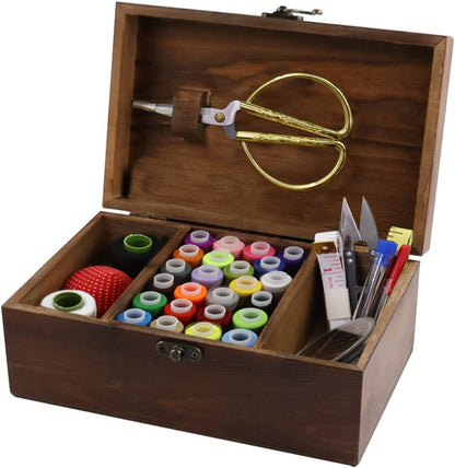 Flytreal Sewing Kit Box Basket, Wooden Hand Home Sewing Repair Tool Kit, Beginner Universal Sew Kit Accessories for Women, Men, Adults, Girls, Kids (Retro Dandelion)