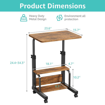 WINAZ C Shaped Rolling Laptop Desk - 24" Rustic Brown Mobile Kids Desk with Wheels for Small Spaces, Height Adjustable Overbed Table with 2-Tier Storage Shelves