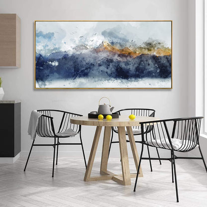 vgrozirh Framed Ready to Hang Wall Art Blue Clouds Yellow Mountain Peaks Indigo Ink Abstract Mountain Landscape Artwork Canvas Painting Prints for Living Room Bedroom Office Large Decor 24"x48"