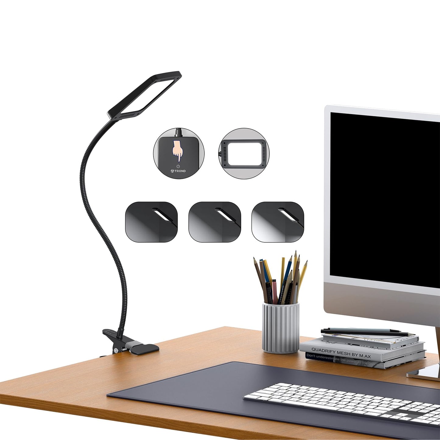 TROND LED Desk Lamp with Clamp, 1000LM Super Bright 3-Level Dimmable Desk Light 6000K Daylight, Extra-Long Flexible Gooseneck Clip on Light, Eye-Care Clamp Lamp for Painting, Workbench,Reading, Sewing