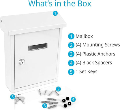 Serenelife Weatherproof Wall Mount Locking Mailbox Galvanized Steel Drop Box with Metal Flap for Mail Letters, Newspaper, Money Box, Decorative Mailboxes for Outside, Home Office, Businesses