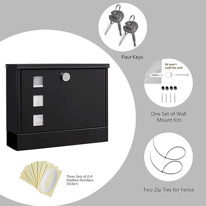 LAND·VOI Locking Mailbox Wall Mounted, Metal Postbox with Three Sets of Mail Box Number Stickers, 4 Keys, 14.4" x 4.5" x 11.2", Large Capacity, Black, AMB11B