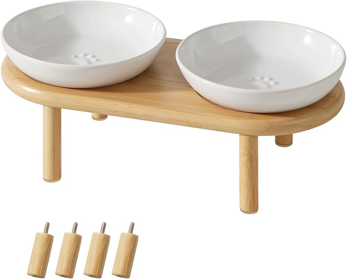 Havniva Elevated Cat Bowls Raised Ceramic Cat Bowl, 5.7” Wide Opening Cat Food Bowl Whisker Friendly Cat Dish Anti-Slip with Bamboo Stand, Shallow Pet Food & Water Bowl for Indoor Cats