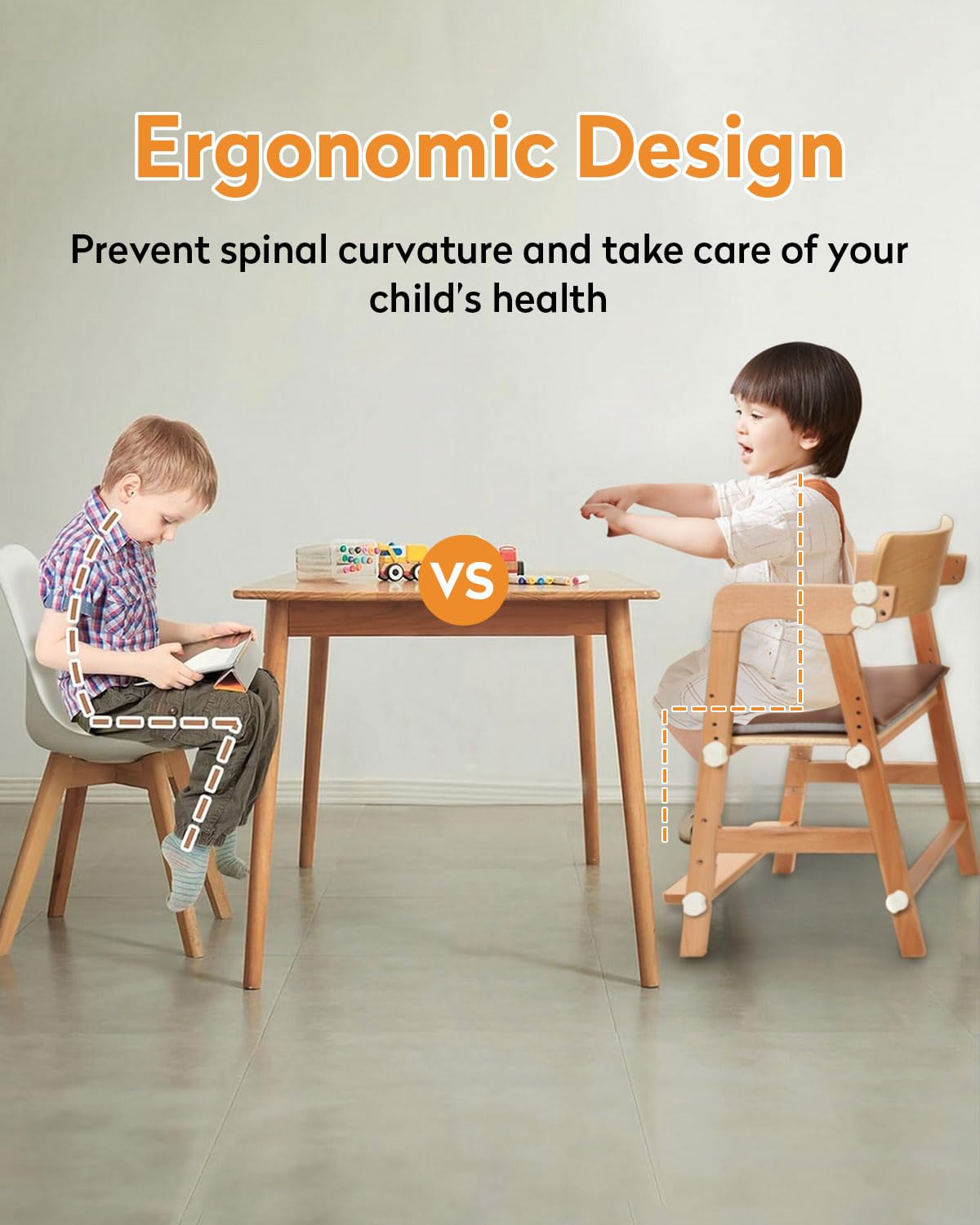Wooden High Chair for Teens with Adjustable Seat, Backrest & Footrest