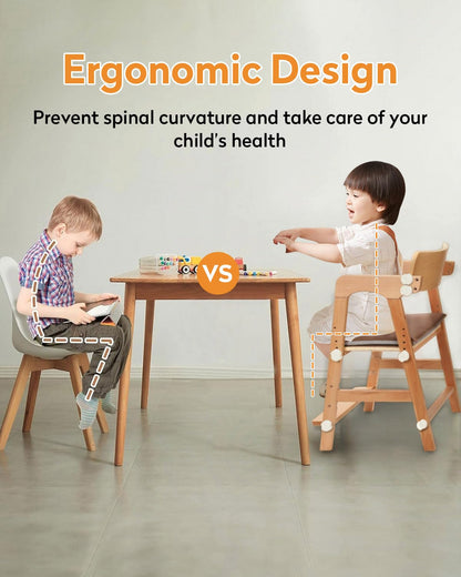Wooden High Chair for Teens with Adjustable Seat, Backrest & Footrest